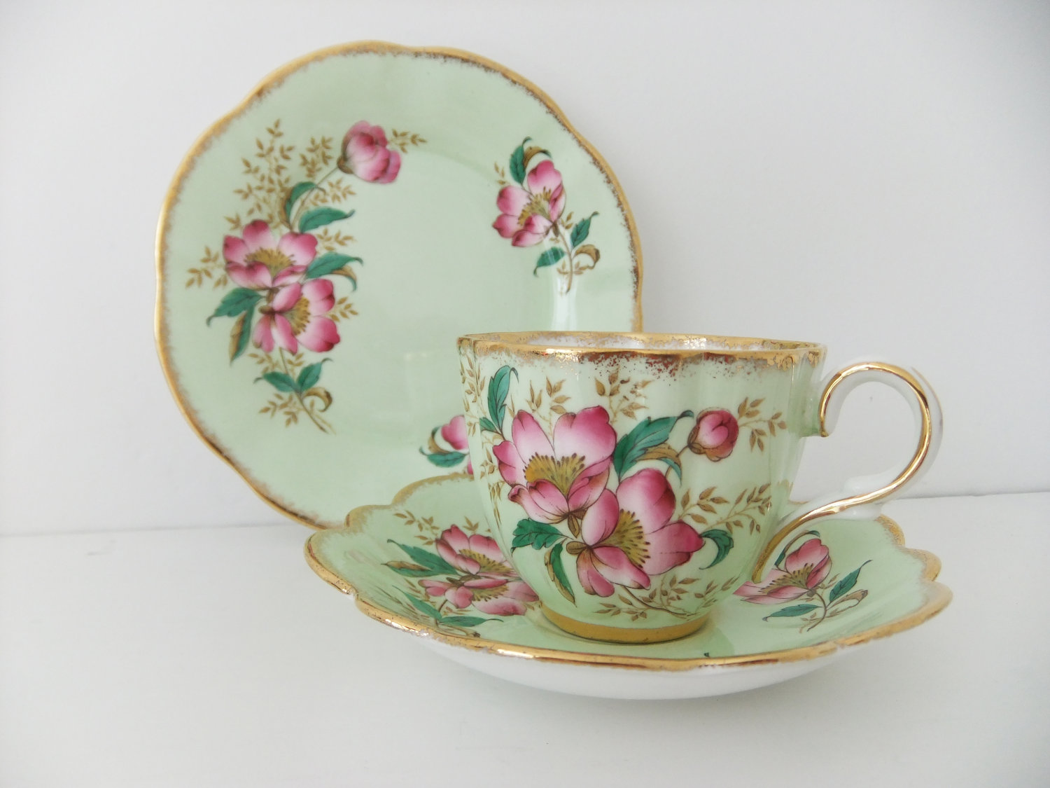 Vintage plate  vintage china  side  green with saucer teacup mint tea and China and saucer  cup,  Clare